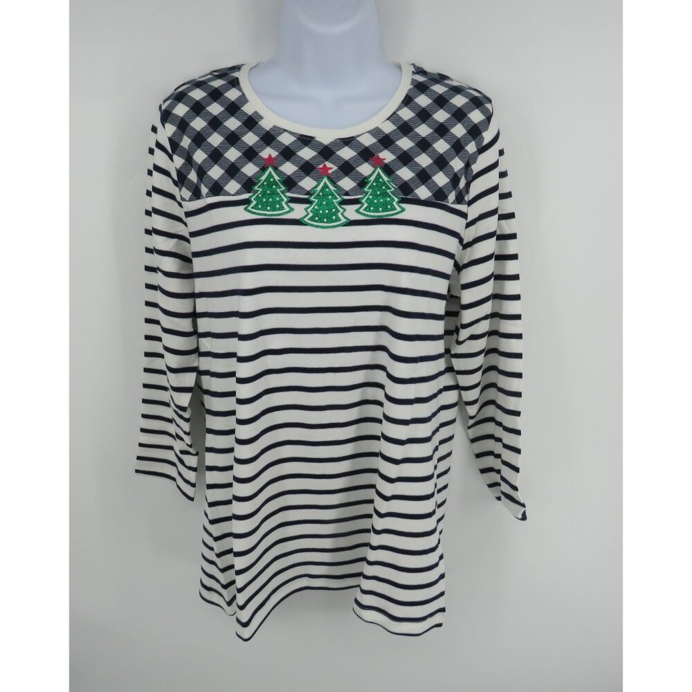Kim Rogers Women's Striped Plaid Christmas Tree Top Small NWT $26
